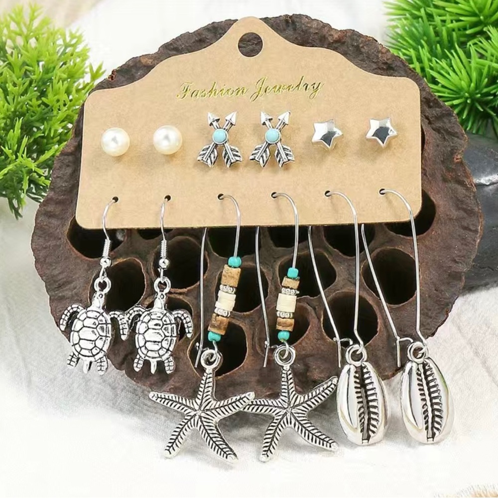 ⭐️Turquoise Decor Silvery Dangle Earrings Set Bohemian Style Zinc Alloy & studs